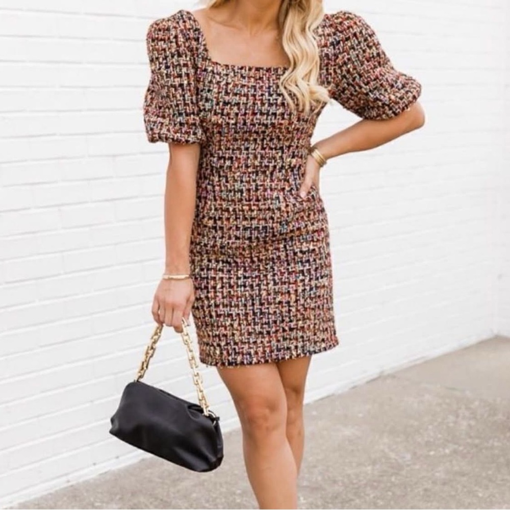 Pink Lily Multicolor Tweed Puff Sleeved Dress | 2XL